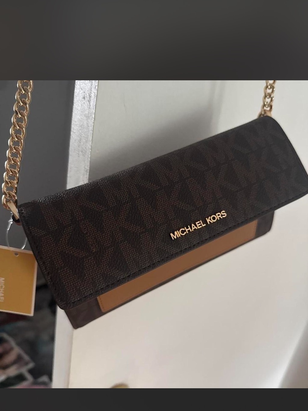 Michael Kors Dark Brown Logo Chain Crossbody with Gold Hardware